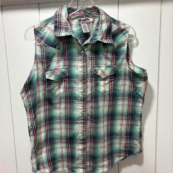 WRANGLER Sleeveless Collar Pearl Snap Plaid Button Up Size Large - Picture 1 of 4